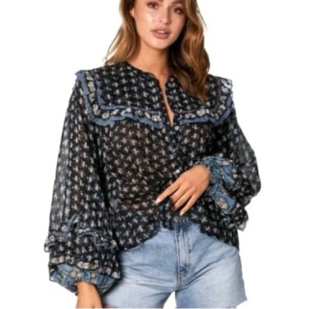 Free People Jenna Bohemian Floral Patterned Women's Top oversized XS long sleeve